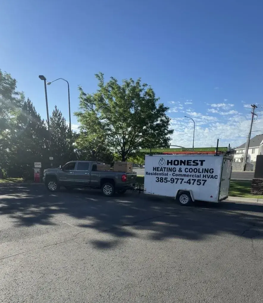 Honest Heating & Cooling truck and equipment trailer in Riverton, Utah